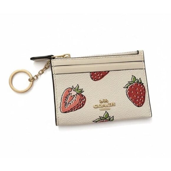 Coach Mini Skinny ID Credit Card Case w Strawberry Print Keychain Bag Charm - Picture 1 of 3